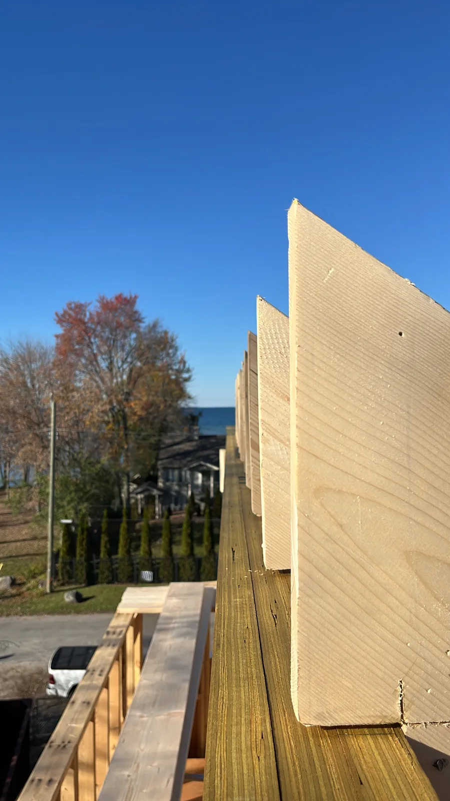 Row of cut rafter tails along a roofline